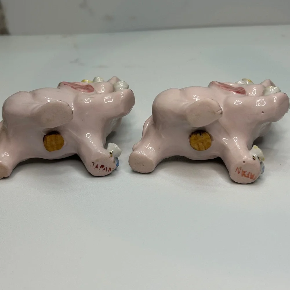 Vintage Pink Elephant Salt and Pepper Shakers Japan Ceramic Floral Gold Trim